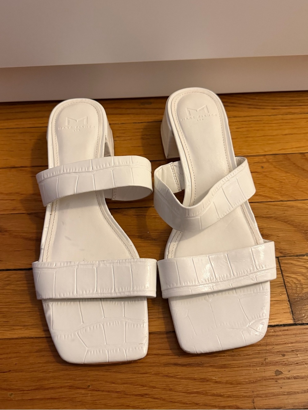 Marc Fisher White Croc-Embossed Double-Strap Block Heel Slides Sandals